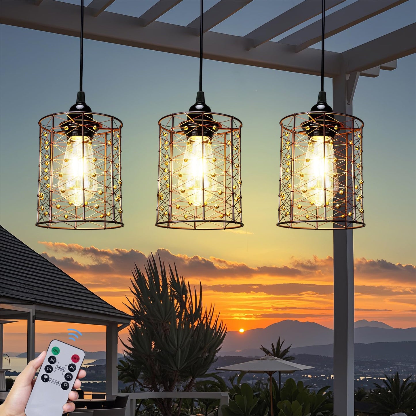 Battery Operated Hanging Outdoor Chandelier, Battery Pendant Light, Gazebo Lights Outdoor Waterproof, 4 AA Batteries, for Gazebo
