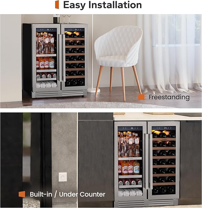 Ca'Lefort 30 Inch Wine and Beverage Refrigerator, 80 Cans 30 Bottles Dual Zone Cooler with Glass Door, 3 LED Built-in Compressor Fridge with Adjustable Shelves for Home Office Bar (6.0 cu.ft)