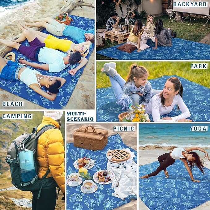Beach Blanket Sandproof Waterproof 78''×81''1-5Adults Oversized,Compact Lightweight Durable Beach Mat for Travel Camping Hiking Picnic Blanket