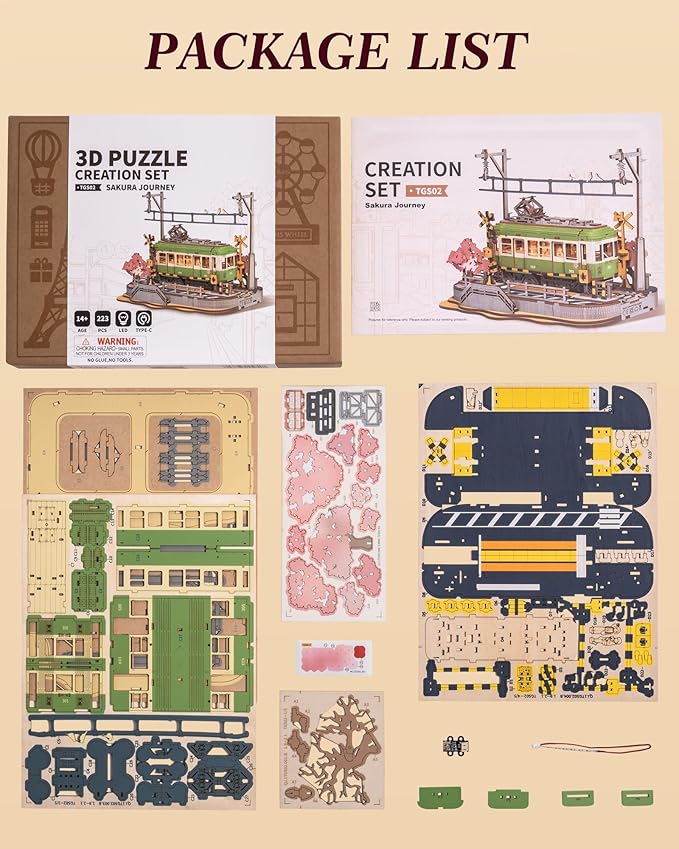 ROBOTIME 3D Puzzles for Adults DIY Model Building Toy with LED Light Wooden Craft Kits Diorama Tram Hobby for Brain Teaser Gift (Sakura Journey)