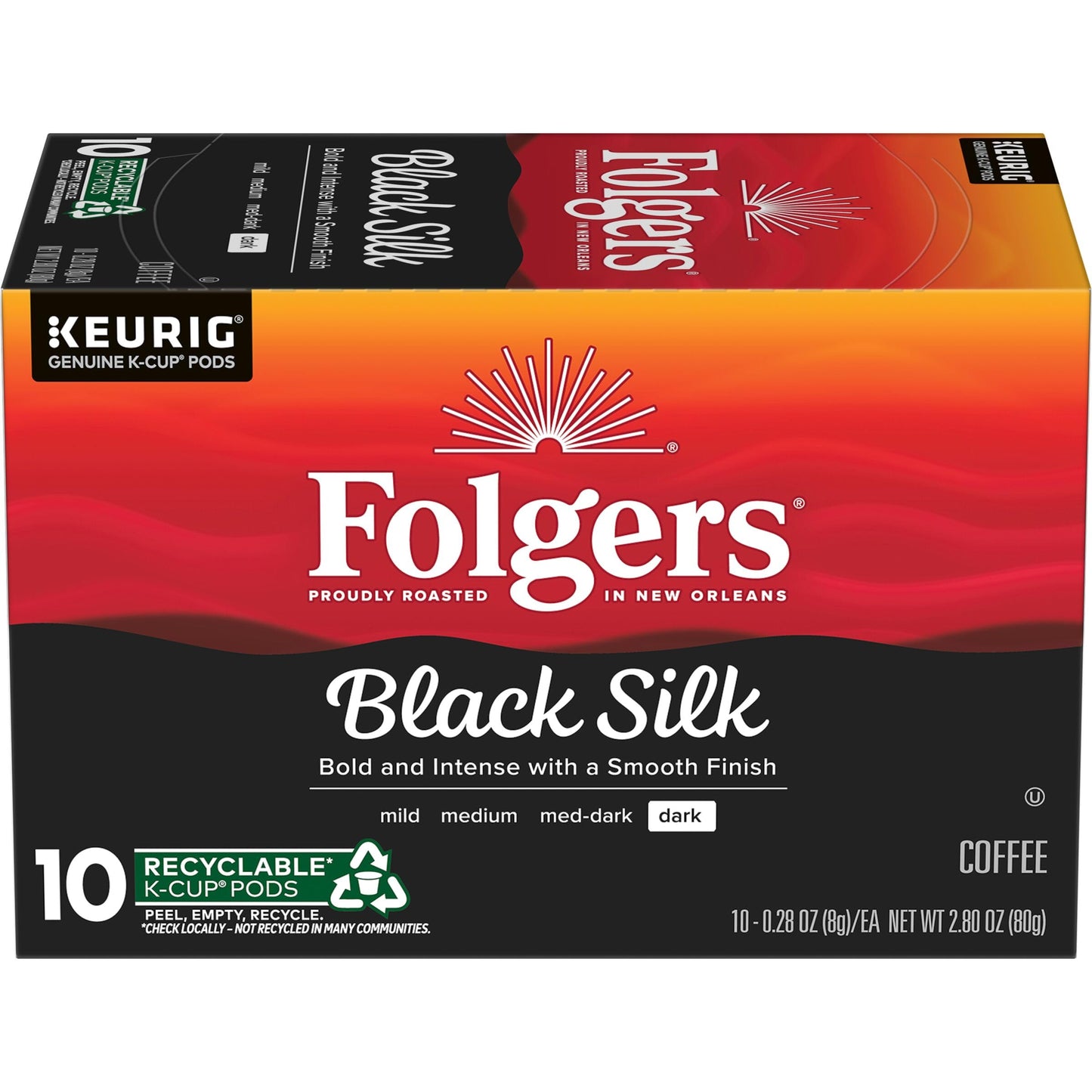 Folgers Black Silk Coffee Dark Roast Keurig K-Cup Pods 10 Count Box
