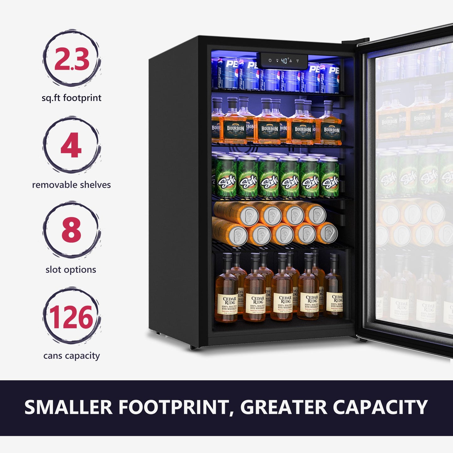 Icyglee Beverage Refrigerator Cooler, 126 Can Mini Fridge with Glass Door for Wine, Soda Beer, Beverage Cooler for Home, Bar, Office with Adjustable Removable Shelves, Black