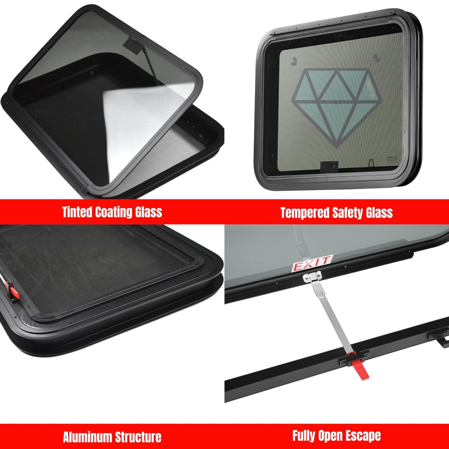 RV MURTS Aluminum RV Exit Window 15in x 22in, Polycarbonate, Black, Model RWEXIT1522, with Trim Kit and Screen for Trailers
