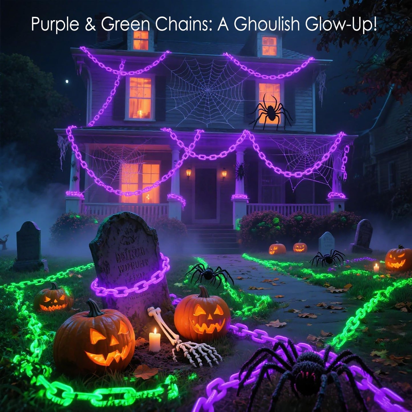 Ohwewant 10Ft Green Chains Battery Operated Halloween Lights Halloween Decorations Outdoor Indoor 8 Modes Timer Lighted Prop Chains For Party Haunted House Skeleton Dog Creepy Costumes Cosplay