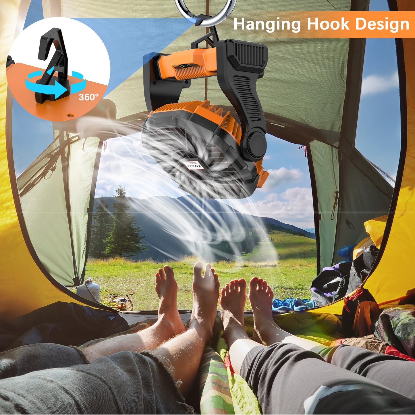 Portable Camping Fan Rechargeable With Led Lantern - 20000Mah Cordless Battery Powered Fan, 4 Speed Quiet Usb Table Desk Fan, Ba