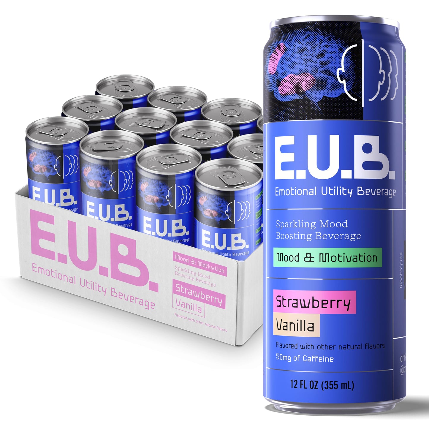 E.U.B. Strawberry Vanilla Sparkling Functional Beverage 12oz Can 50mg Caffeine 25 Calories with Nootropics & Adaptogens for Mood & Energy Support