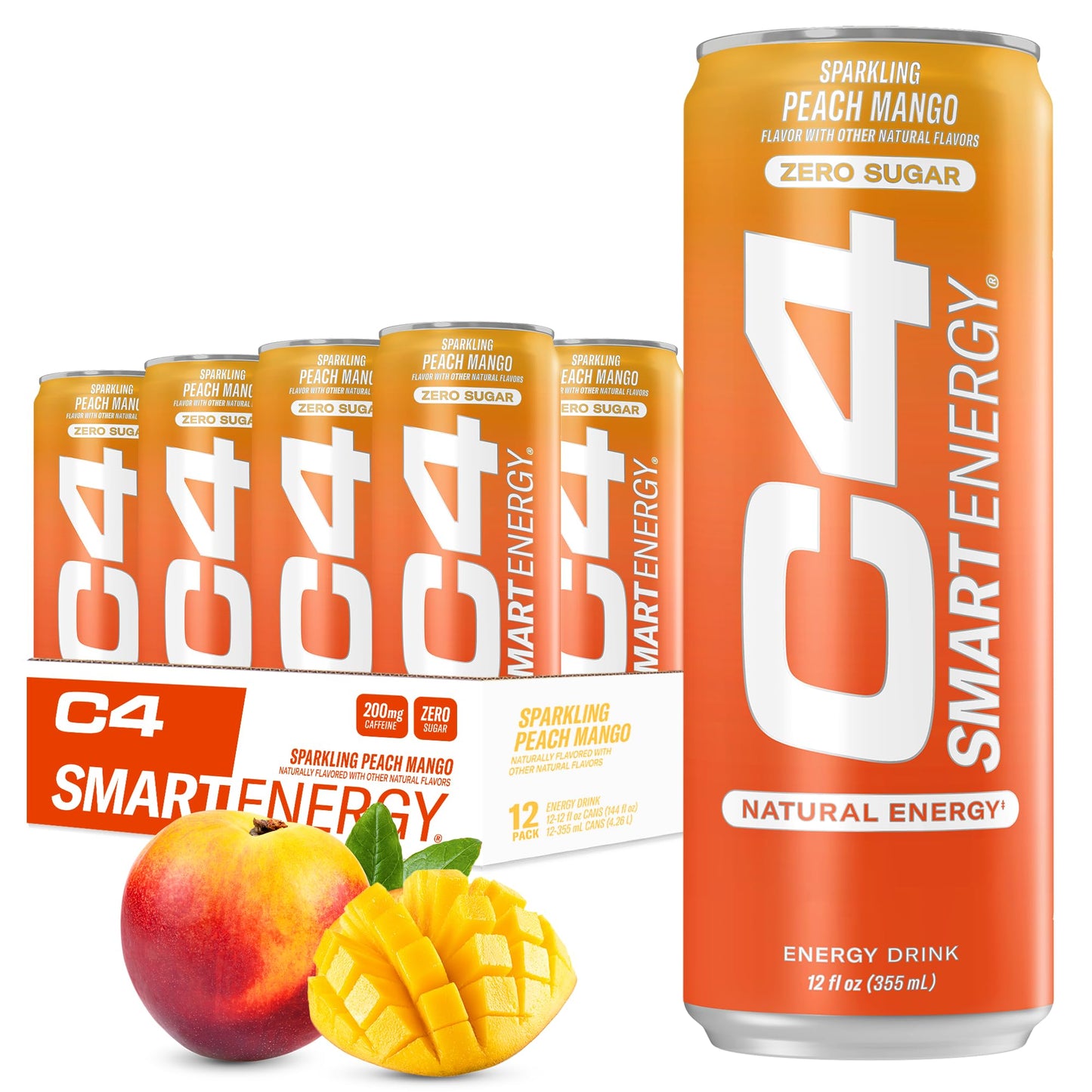 C4 Smart Energy Drink - Boost Focus and Energy with Zero Sugar Natural Energy and Nootropics - 200mg Caffeine - Peach Mango (12oz Pack of 12)