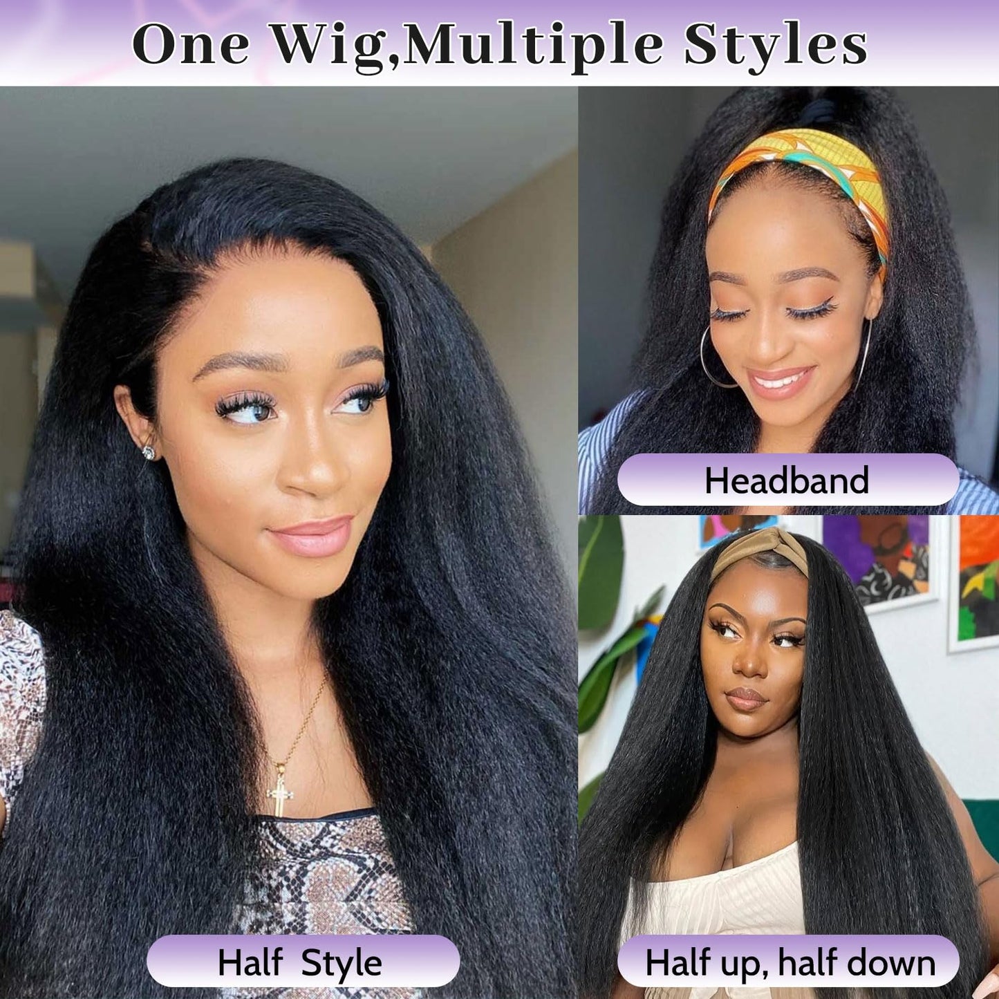 DSEKCAIN Kinky Straight Half Wig Human Hair Glueless 210% Density Yaki Straight 3 in 1 Half Wig 100% Real Human Hair Seamless Fl