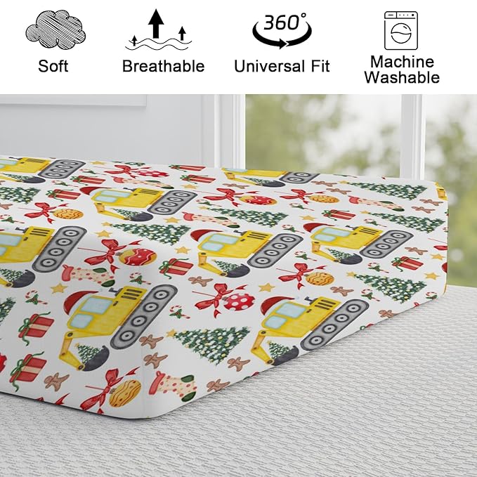 Christmas Truck Excavator Tractor Changing Pad Cover Construction Trucks Fitted Baby Change Table Sheets for Boys Girls Soft Winter Xmas Gift Stretch Fitted Changing Table Mats Cover 32''x16''