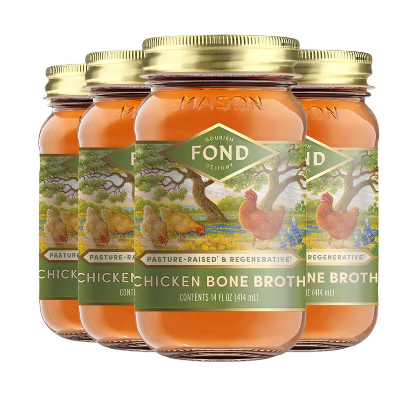 FOND Regenerative Pasture-Raised Chicken Bone Broth - Slow-Simmered Chicken Broth for Rich and Nourishing Flavor Nutrient-Dense Artisan Quality - Pure & Unflavored 14 oz (4-Pack)