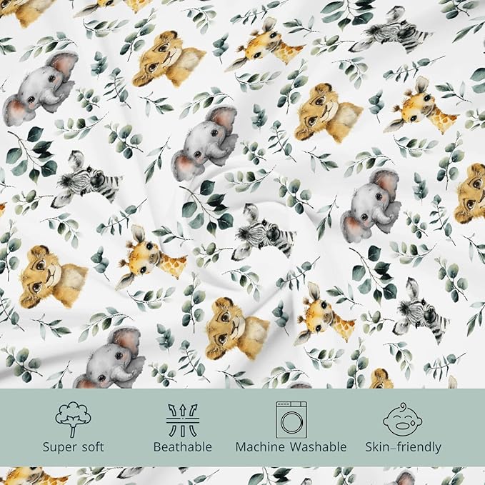 HawSkgFub African Safari Jungle Animals Eucalyptus Leaf Changing Pad Cover Baby Girls Boys, Giraffe Elephant Lion Zebra Diaper Change Table Sheet, Stretchy Safe Snug Fitted Changing Mat 32"/34" x 16"