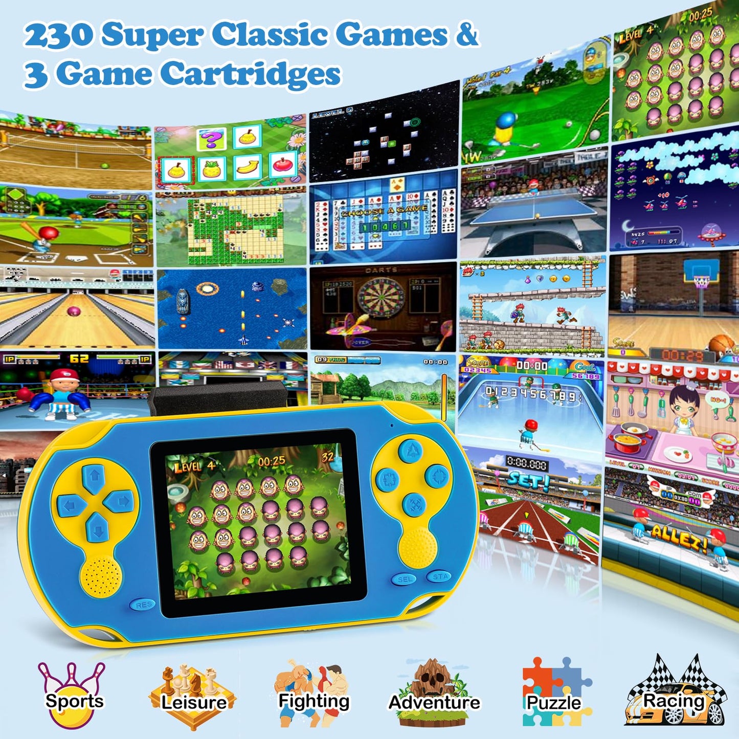 16 Bit Handheld Game for Kids, Video Game Player with Built in 230 HD Games, 3.0'' Screen Retro Electronic Machine with 3 Cartridges, Portable Rechargeable Games for Ages 3-12(Blue)