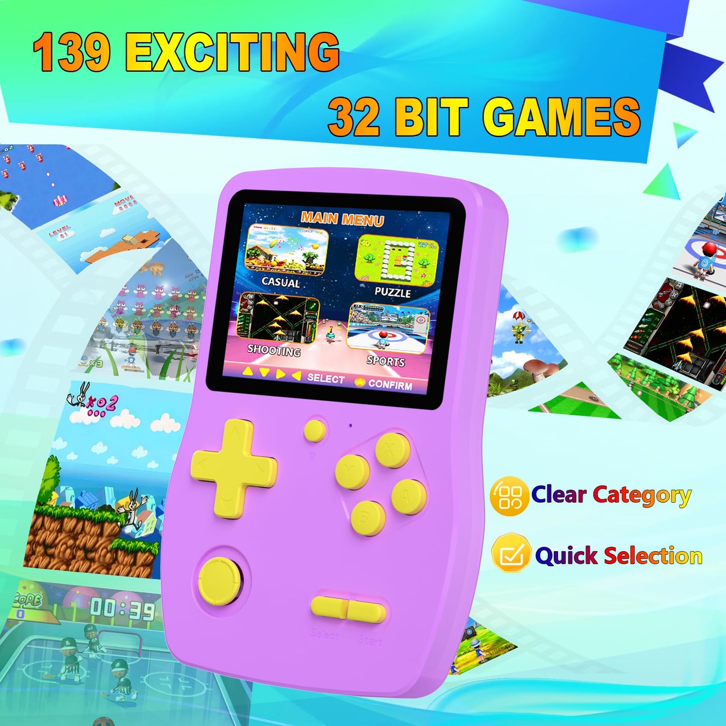 32 Bit Handheld Games for Kids Preloaded 139 Video Games, Portable Video Gaming Player with 3.0" IPS Screen and Rechargeable Battery, Mini Travel Games Electronic Gifts Toys for Boys Girls, Purple