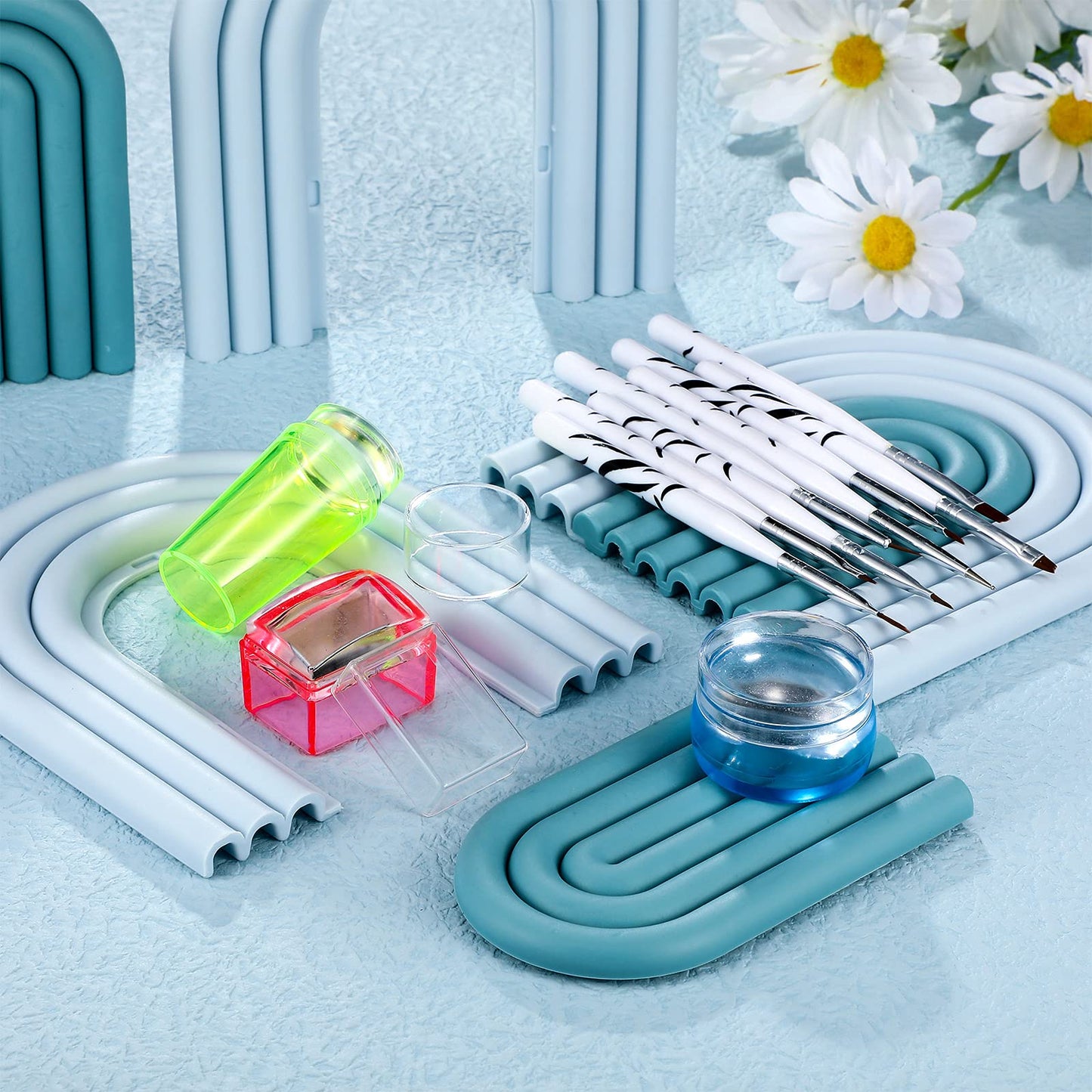 Leelosp 14 Pieces Clear French Tip Nail Stamp with Nail Art Brushes, Silicone Jelly Clear Stamper for Nails Include Gel Brush Po