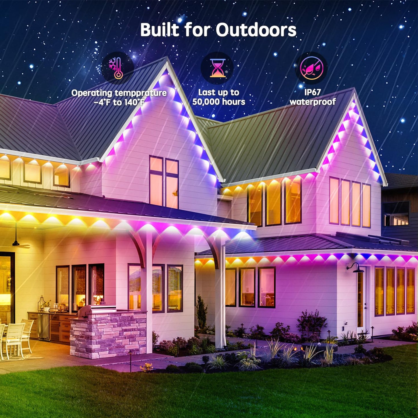 Vrribonx RGB LED Outdoor Lights, 200FT, IP65 Waterproof, Smart Control, Model WYD-04, for Holiday and Accent Lighting