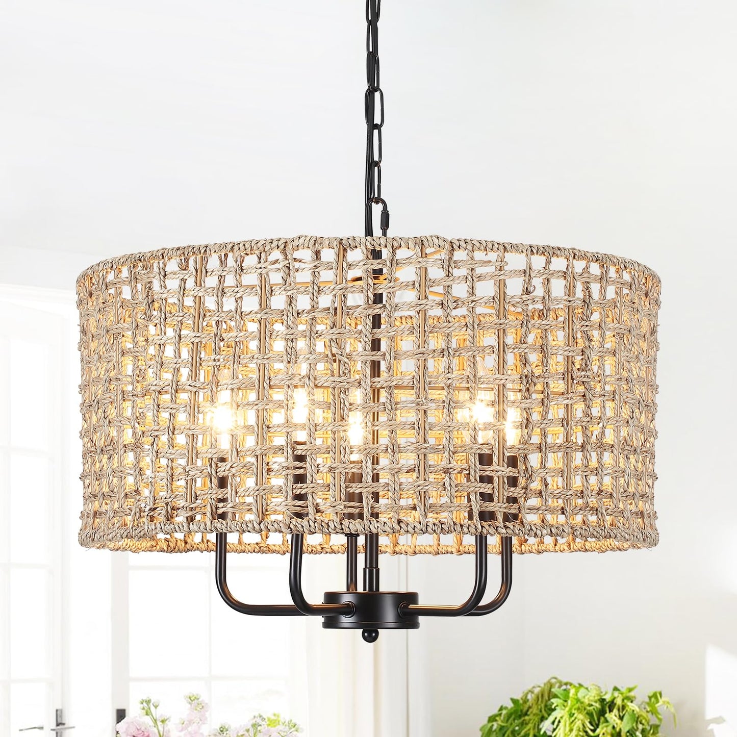 Mrhyswd 18.9 Hand-Woven Rattan Chandelier 5 Lights Farmhouse Boho Chandeliers For Dining Room Light Fixture Drum Wicker Hanging Pendant Lighting For Living Room Kitchen Island Foyer Hallway E12