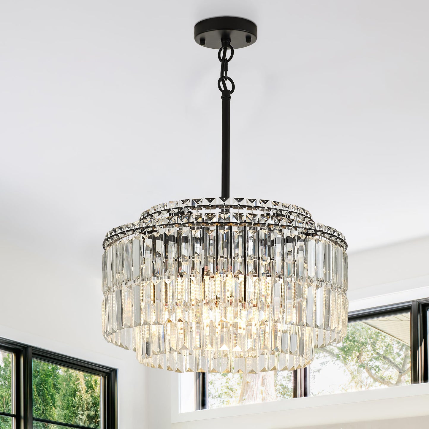 Lighceac Modern 17.6 Black Crystal Chandelier Ceiling Light Fixtures For Dining Room stylish Glam 8-Light Crystal Chandeliers Lighting For Bedroom Entryway Hallway Living Room Kitchen Island Foyer