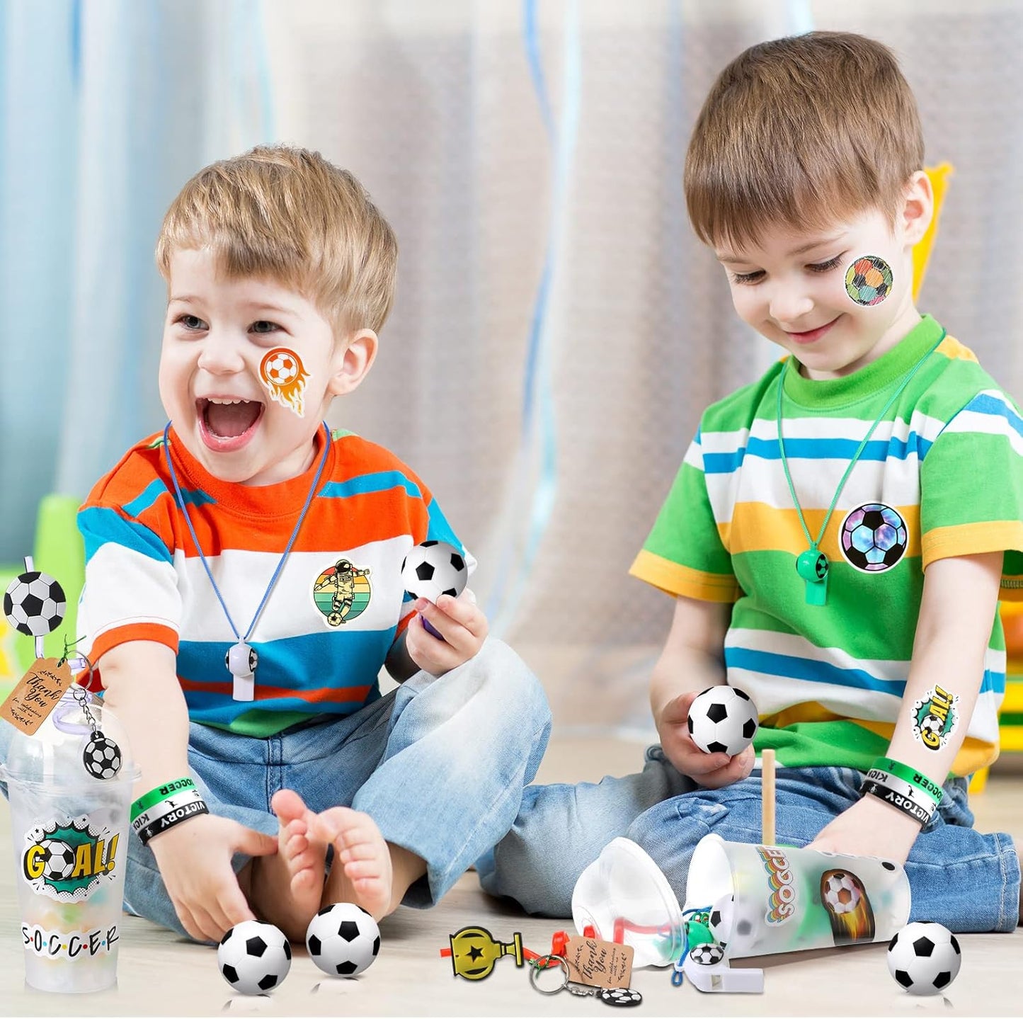 Weysat 184 Pcs Soccer Party Favors Party Supplies with Cup Straw Stress Ball Keychain Sticker Bracelet Whistle Thank You Tags for Birthday Decorations (Soccer)