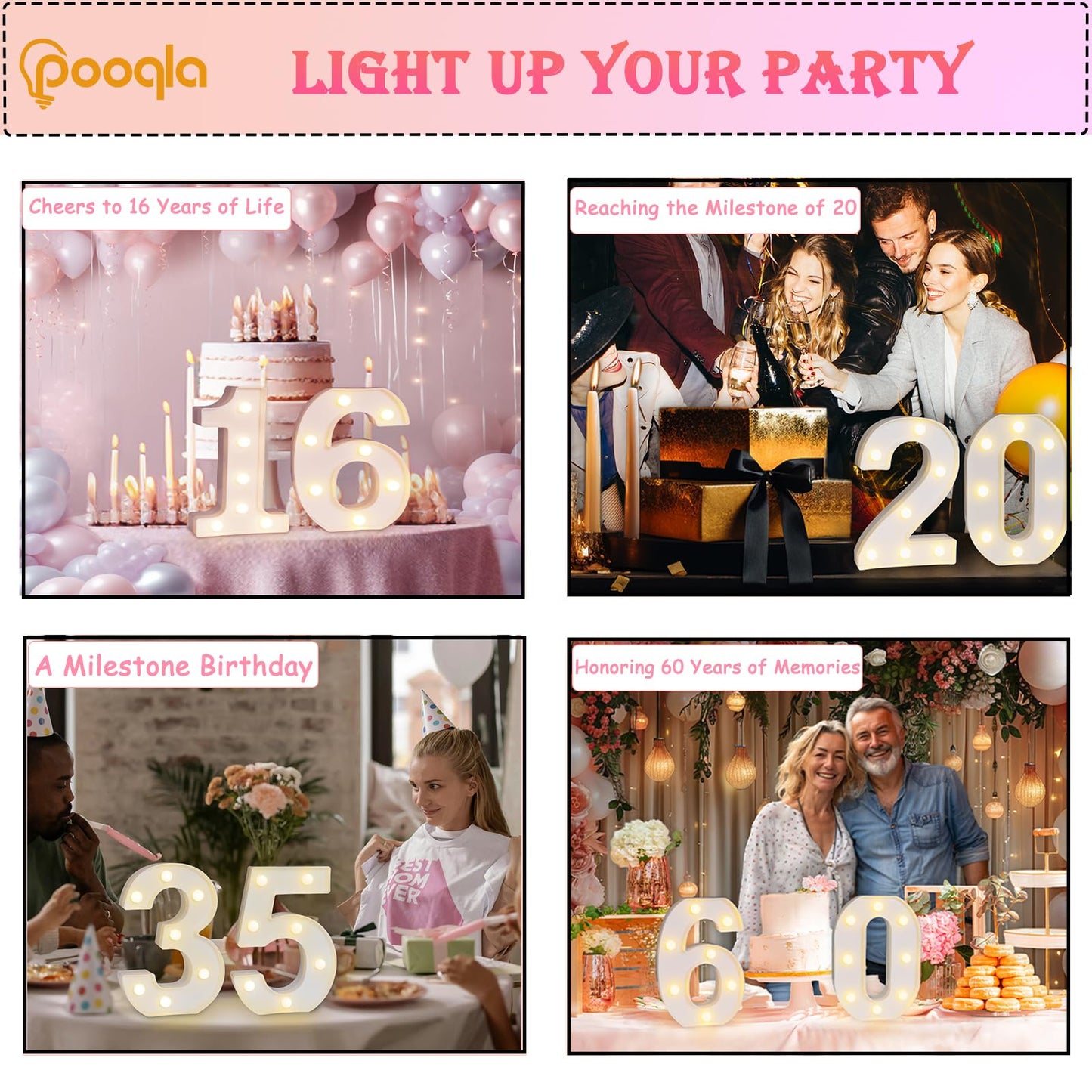Pooqla LED Number Lights Sign, White Plastic Marquee for 65th Birthday Party, Battery Operated, Number 65