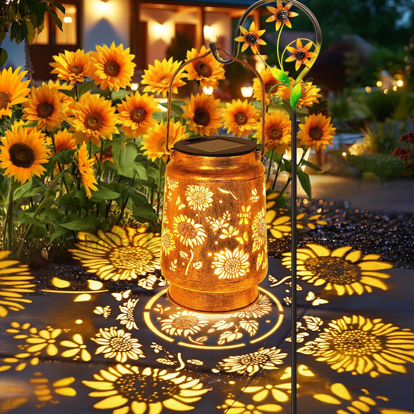 Sunflower Solar Lanterns Garden Decor Birthday Gifts For Women Mom Grandma Christmas Metal Hanging Solar Lights Outdoor Waterproof Led Decoration With Shepherd Hook Outside For Garden Yard Patio