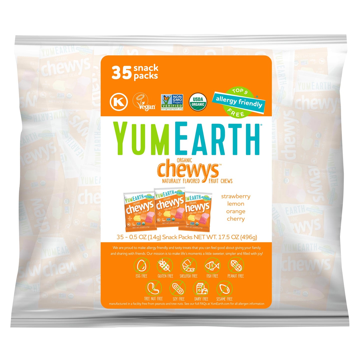 YumEarth Organic Chewys Fruit Flavored Candy Chews - Allergy Friendly Gluten Free Non-GMO Vegan No Artificial Dyes - Assorted Flavors 35ct Bulk Bag