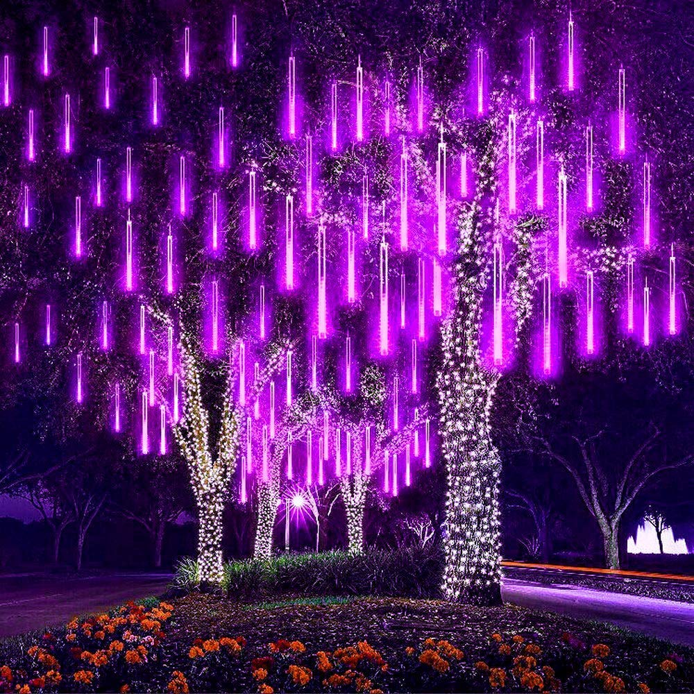 Aukora Led Meteor Shower Lights, 11.8In Purple Rain Drop Lights, 144 Leds For Xmas Party, Holiday, Garden Decoration