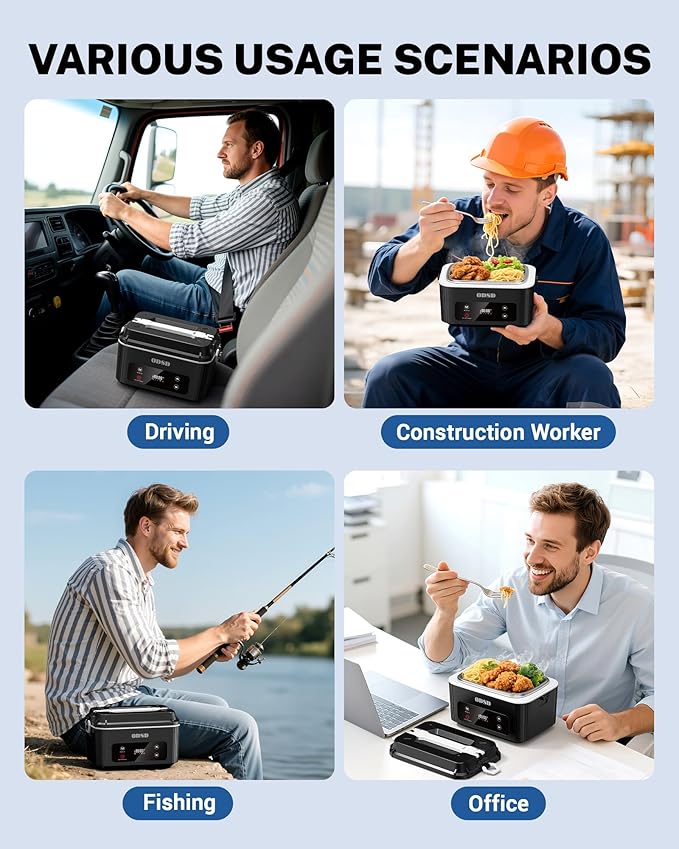 ODSD Cordless Electric Lunch Box for Adults, Heated Lunch Box 130min Battery Life, Self-Heating Portable Electric Food Warmer with 1.2L SS Container for Truck, Office, or Outdoor Worksite