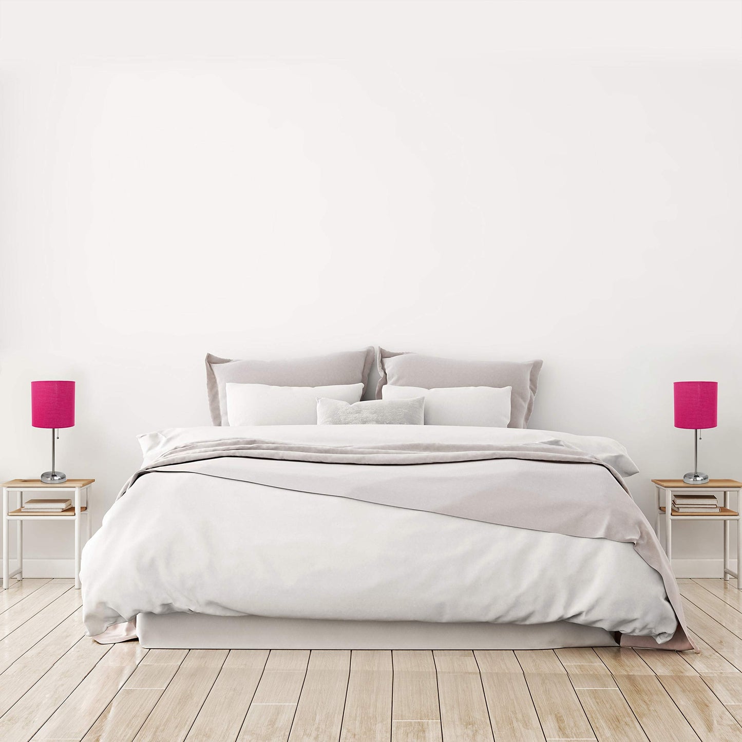 Simple Designs LC2002-PNK-2PK Brushed Steel Table Lamp Set with USB Port, Pink Fabric Shades, 2 Pack