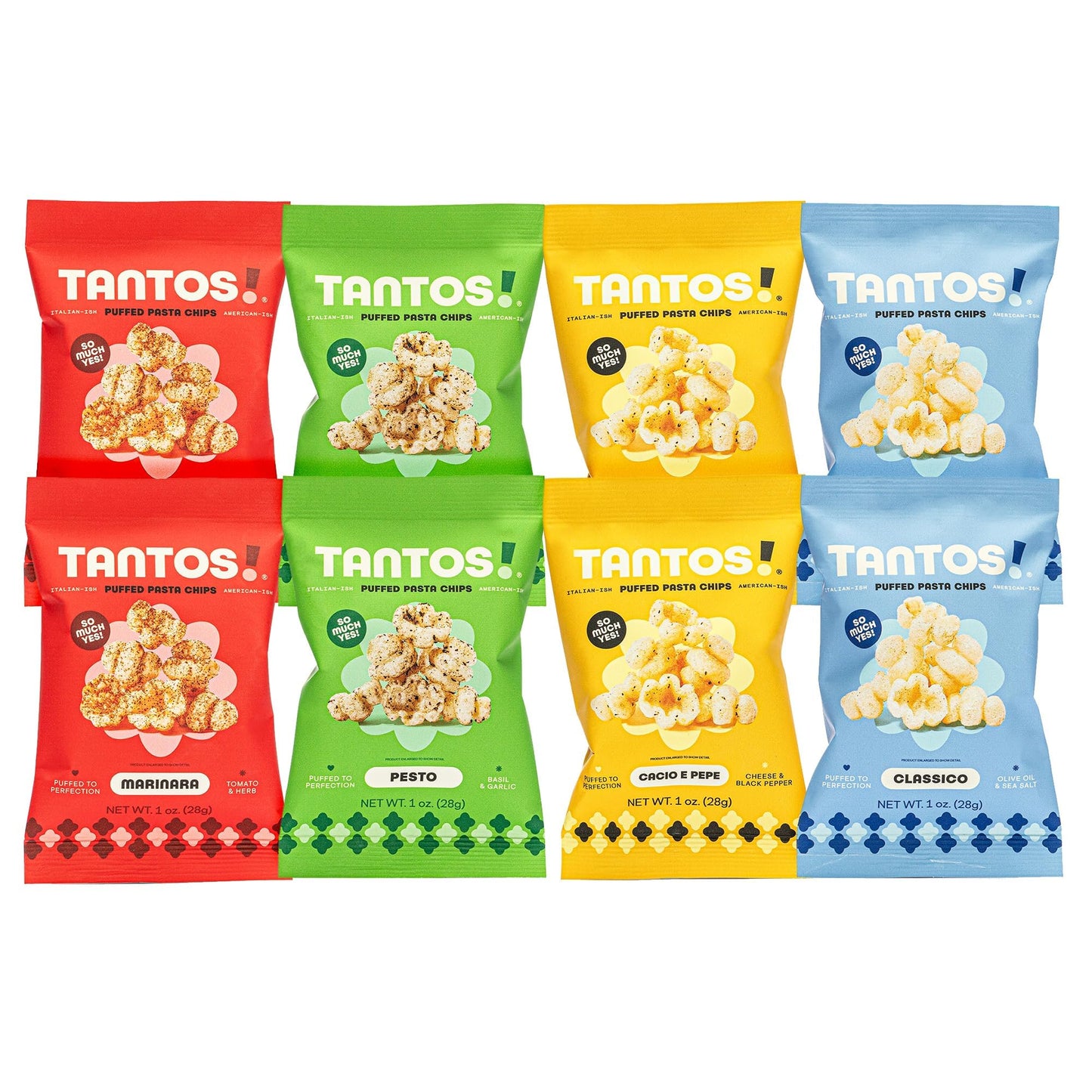 Tantos! Puffed Pasta Chips Healthy Pasta Snack by Top Chef Joe Sasto As Seen on Shark Tank Plant Based Low Calorie Crunchy Chips Variety Pack Marinara Pesto Cacio e Pepe Classico Gourmet Bold Flavors 1oz 8 Pack 2 of Each Flavor Variety