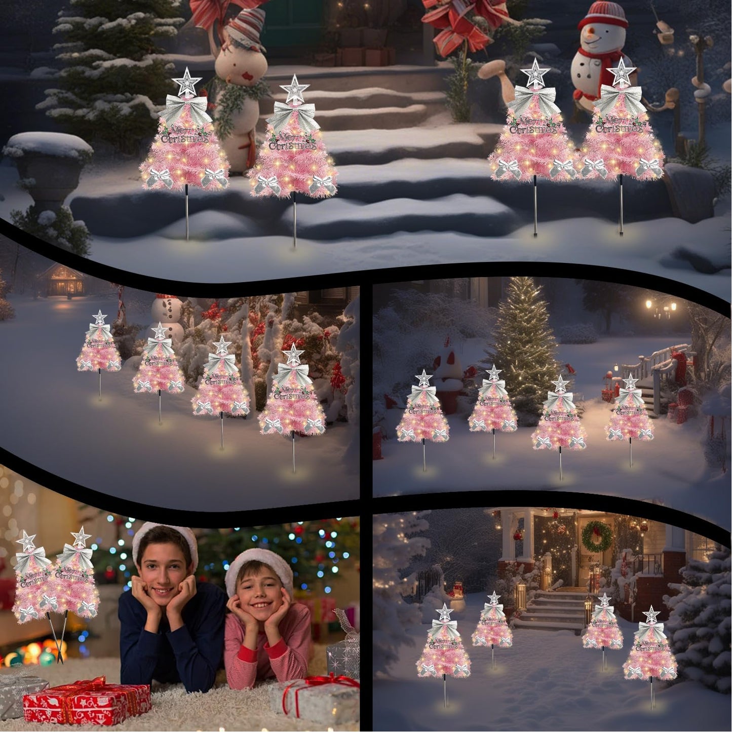 4 Pack Christmas Tree Solar Pathway Lights Outdoor Decorations Waterproof Artificial Mini Xmas Tree Stake Lights With Diy Ornamets For Garden Yard Porch Decor (Pink Tree)