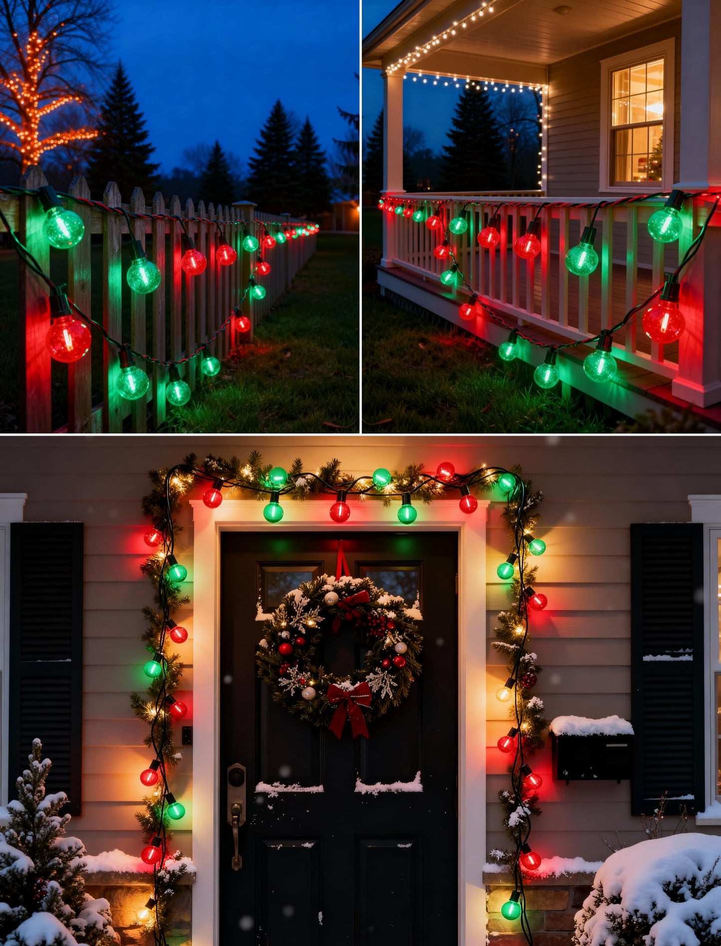 50Ft Clear Red And Green Outdoor Led Lights G40 Globe Patio Christmas String Lights With 25 Ceramic Colorful Bulbs(2 Spare) Outside Christmas Hanging Lights For Christmas Tree Roofline Holiday Party
