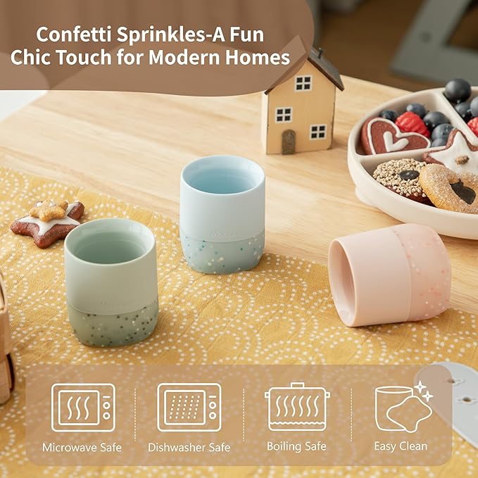 Moonkie Silicone Baby Cups 4 Months+ | Tiny Open Training Cups for Infants with Confetti Sprinkles | Baby-Led Weaning Essential | 2 oz (Ether/Ivory, 2 Pack)