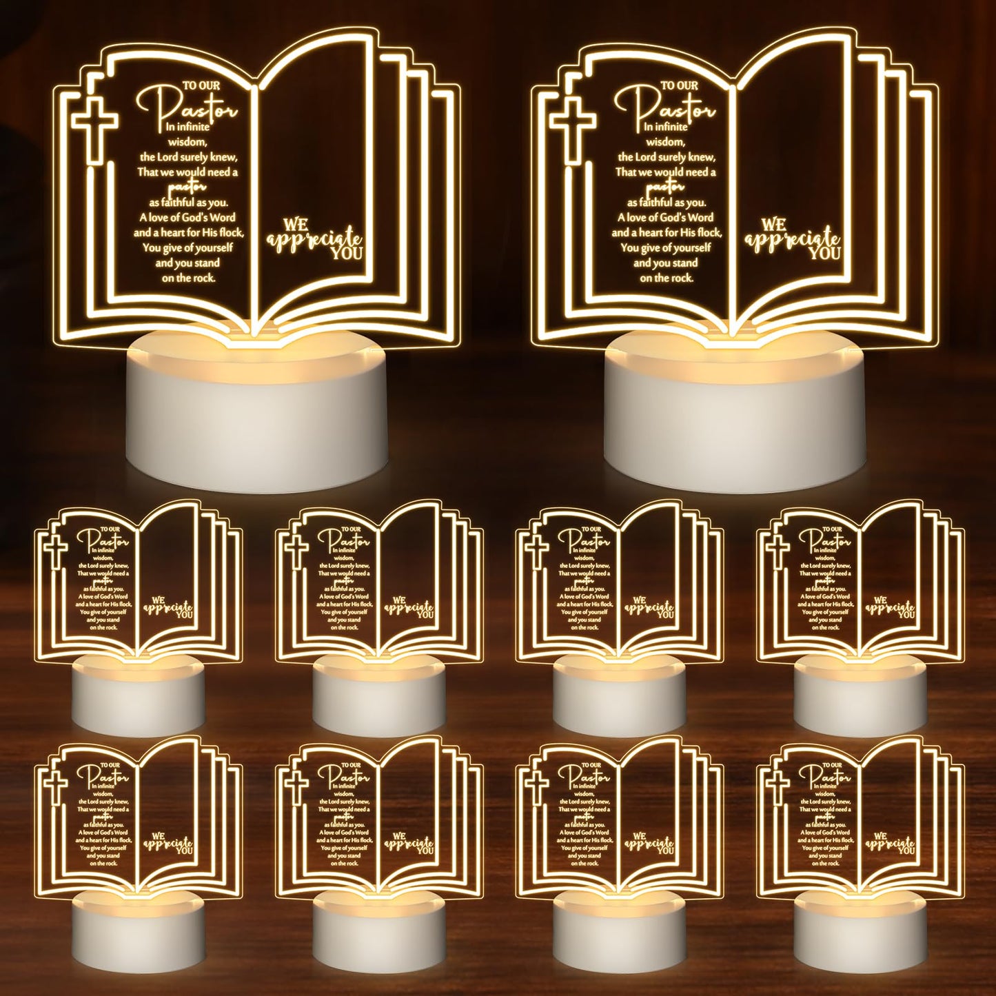 Kosiz 10 Pcs Pastor Appreciation Gift LED Night Light Christmas Christian Gifts Engraved Thank Clergy Sayings Acrylic Lamp with