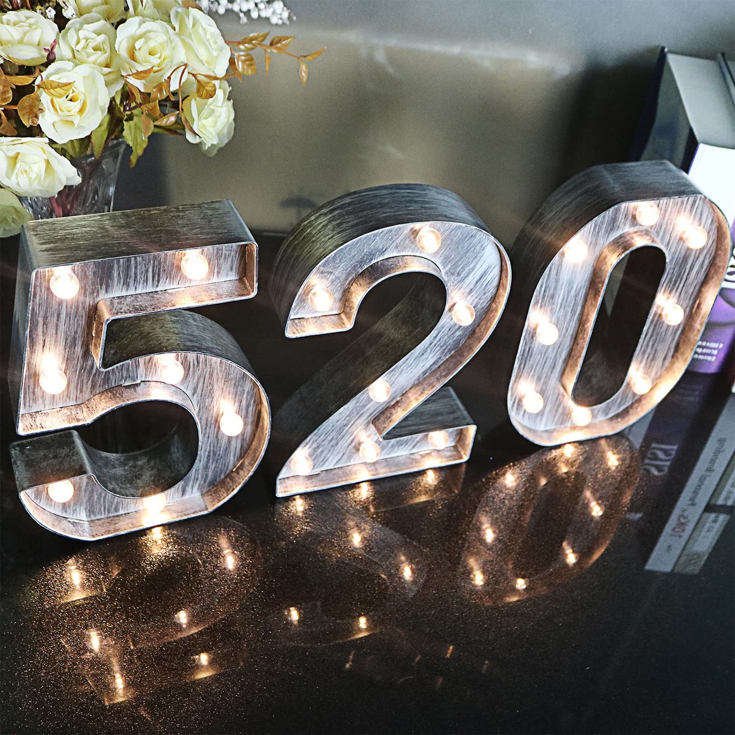 Glintee LED Number Lights Sign, Brushed Silver Gray, Battery Powered, Size 9 for Weddings and Parties
