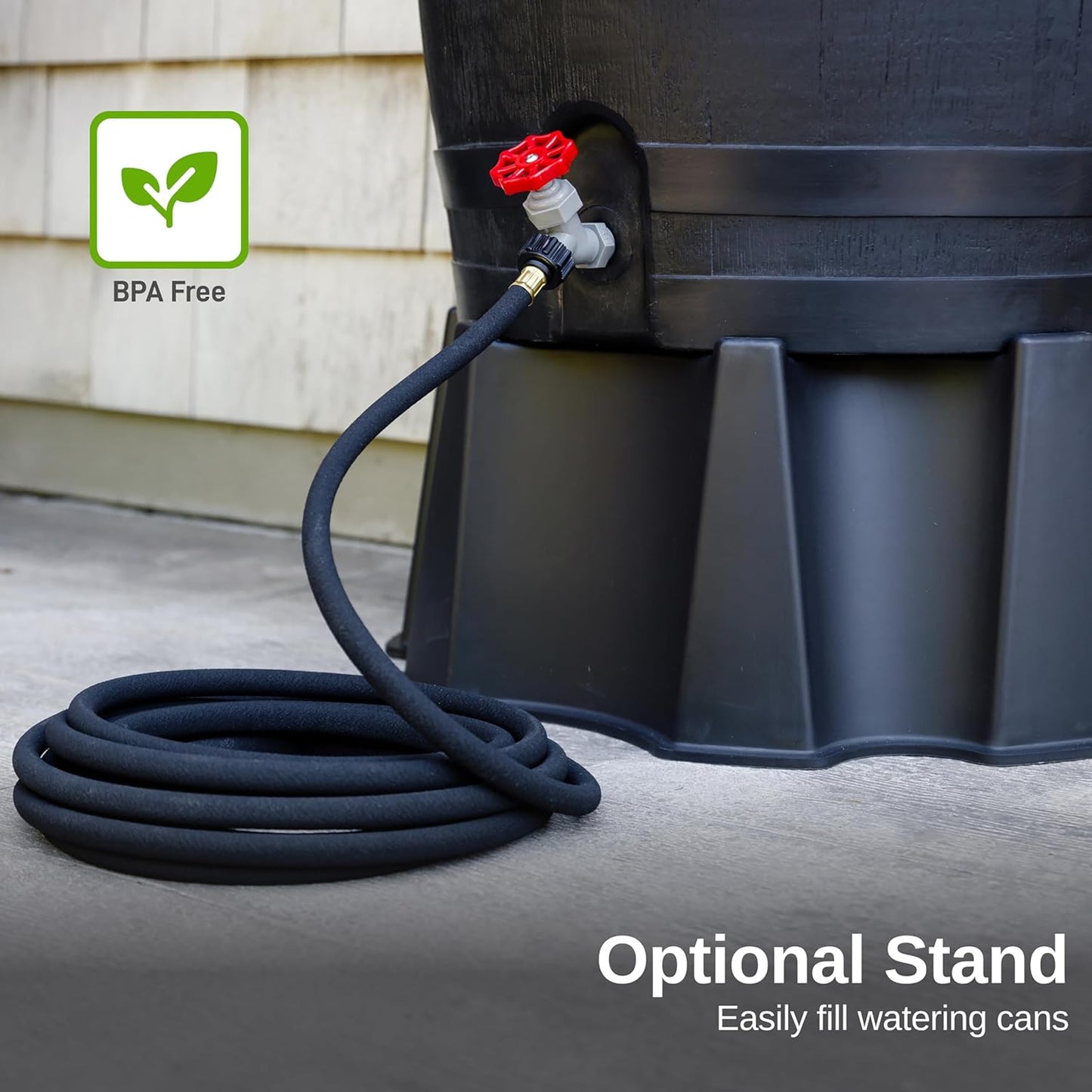 50-Gallon ECO Rain Barrel Made with 100% Recycled Plastic, Flat Back Rain Water Collection Barrel, Soaker Hose Included, Black