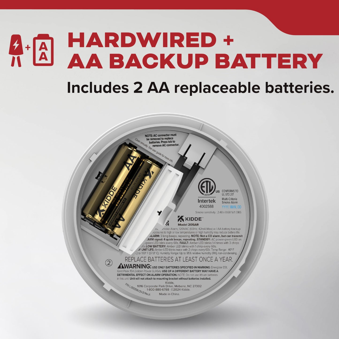 Kidde Hardwired Smoke Detector for Home, AA Battery Backup Alarm, Interconnectable, LED Notifications, 3-Pack
