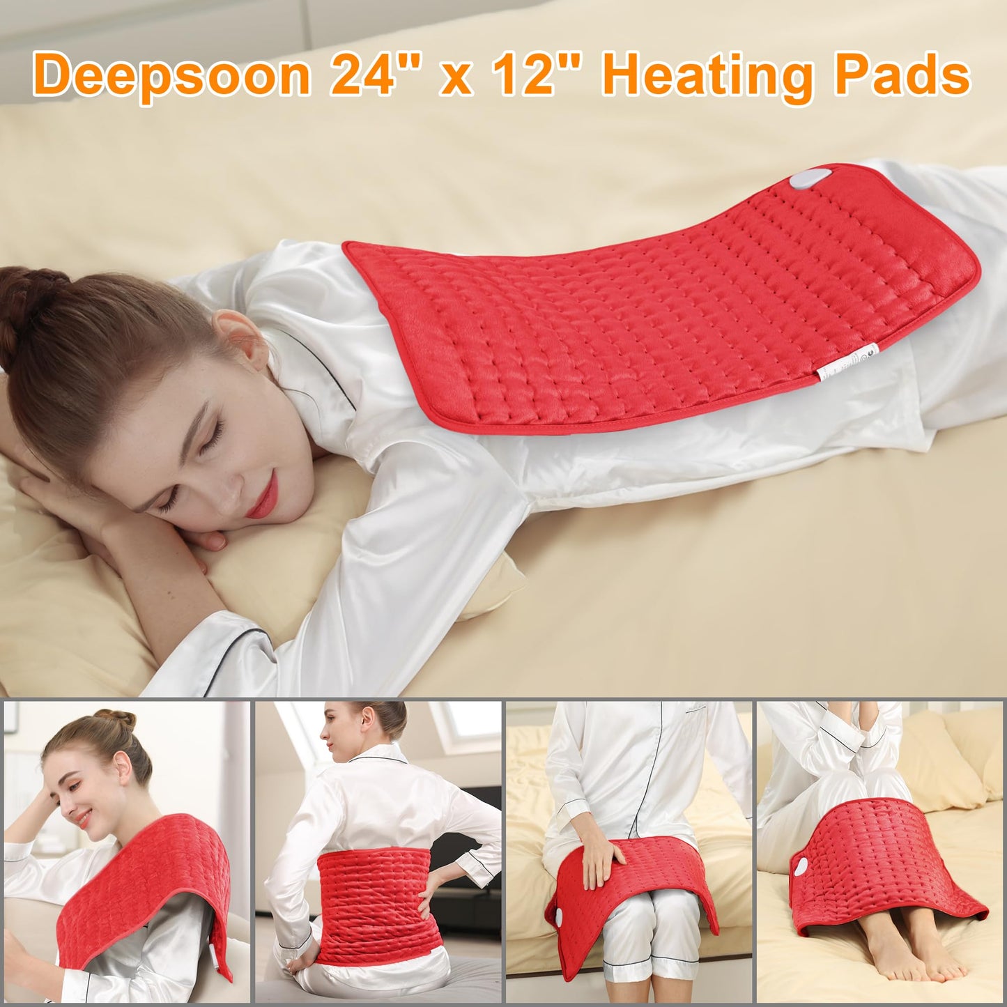 Deepsoon Heating Pad,Electric Heating Pads for Back,Neck,Abdomen,Moist Heating Pad for Shoulder,Knee,Arms,Legs,Dry/Moist Heat & Auto Shut Off,Christmas Gifts for Men and Women,Red,24x12 Inch
