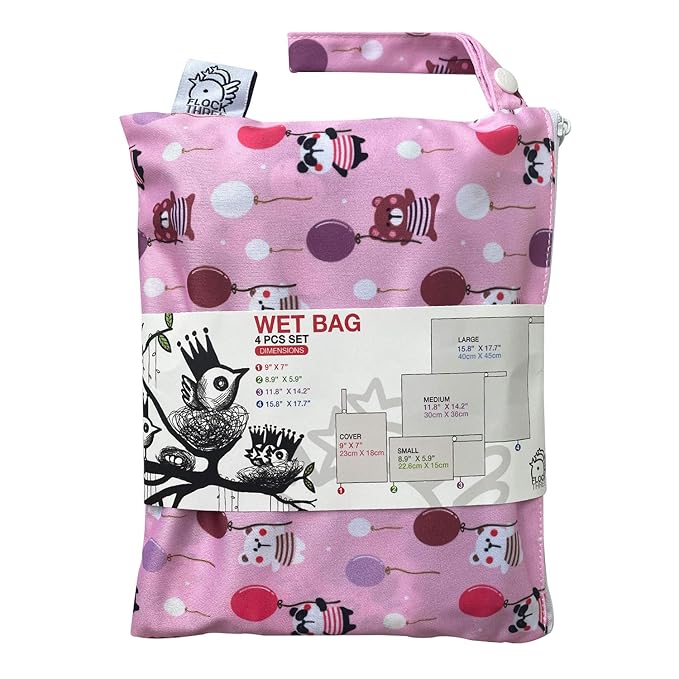 FLOCK THREE 4pcs Waterproof Wet Bag Reusable for Wet Clothes Baby Diapers Stroller Swimsuit Travel Reusable toiletries Pouch Small and Larger Electronics case 4 Pack (Windy Days)