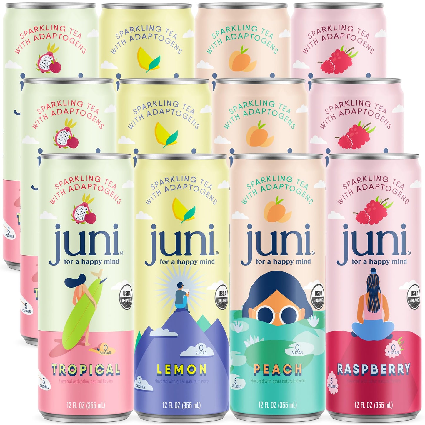 Juni Sparkling Tea with Adaptogens Zero Sugar 5 Calories Organic Iced Tea Natural Caffeine from Green Tea Vegan Adaptogen Drink 12 Fl Oz Cans Variety Pack (12-Pack)