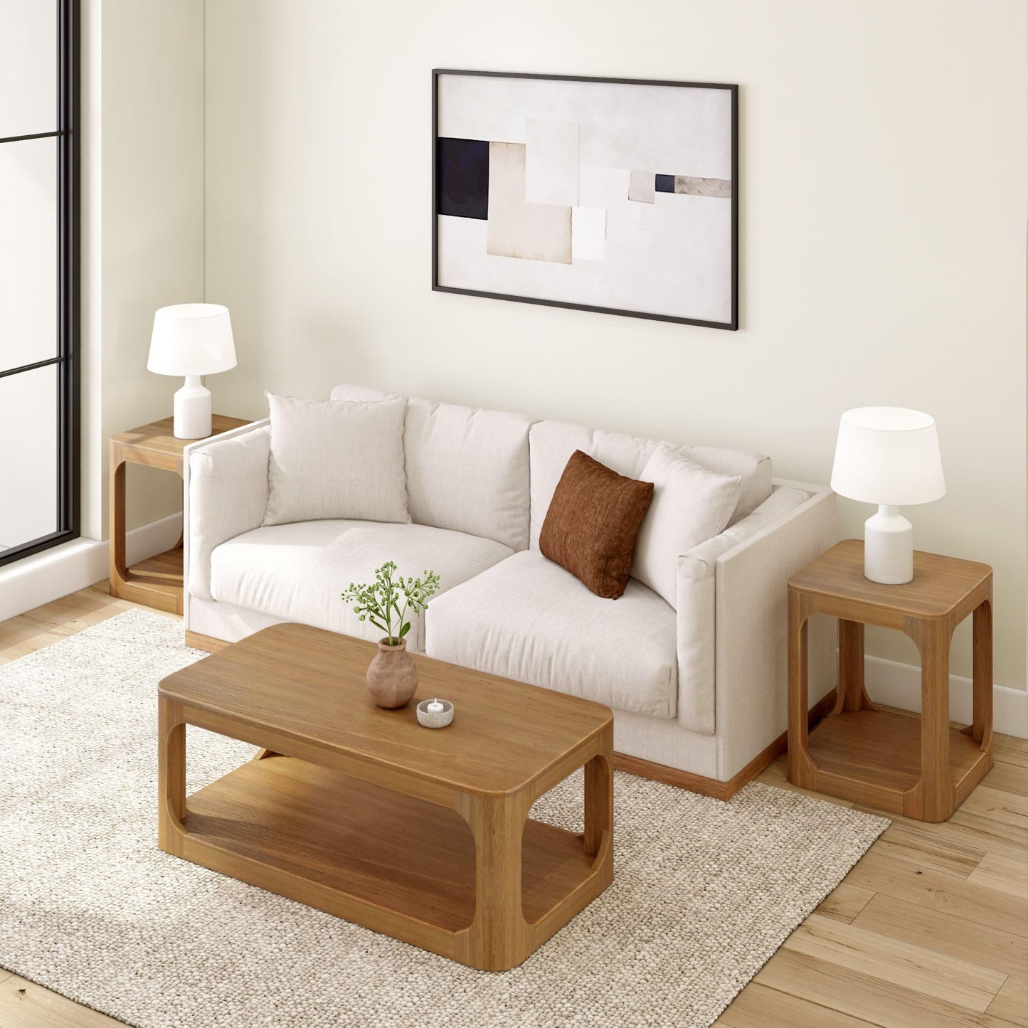 Plank+Beam Forma Coffee Table, Solid Wood 48 Inch Modern Coffee Table with Shelf, Contemporary Center Table with Storage Space, Rectangle Tea Table with Storage, Pecan