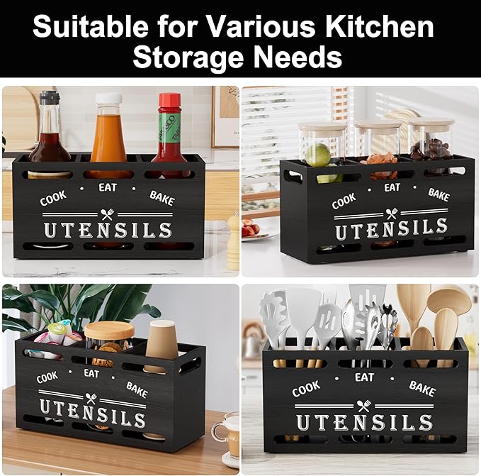 ZUJJAFY Utensil Holder for Kitchen Counter, Large Kitchen Utensil Holder for Countertop with 3 Compartments, Wooden Cooking Utensil Organizer for Spatula Storage, Black