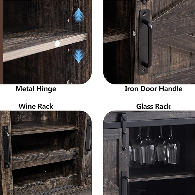 Kmax Farmhouse Wine Bar Cabinet w, 54” Buffet Cabinet with Storage, Rustic White Coffee Bar Cabinet with Sliding Barn Doors, Wine/Glass Rack for Living, Dining Room, Black