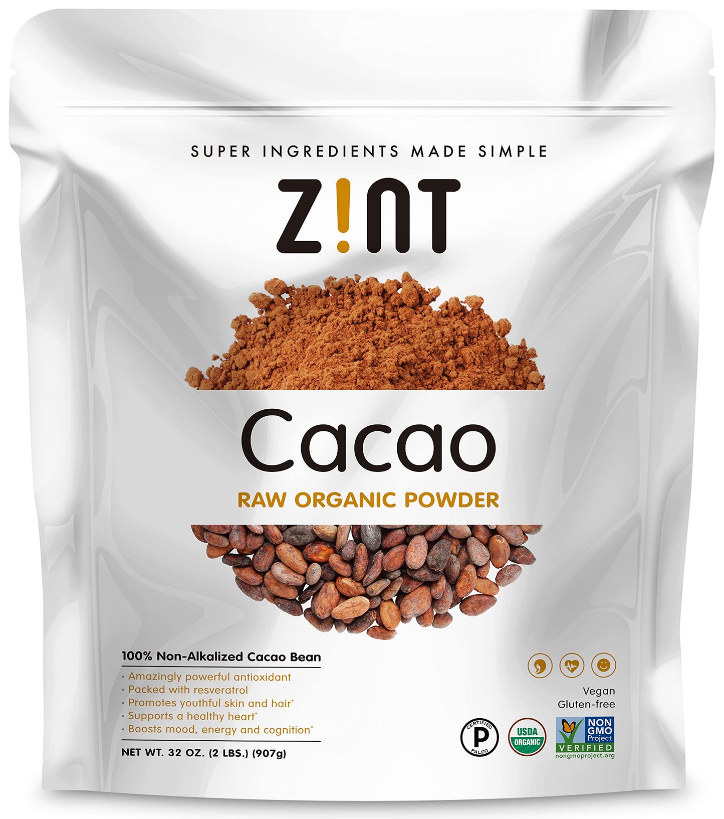 Zint Organic Cacao Powder (32 oz): Paleo-Certified, Organic, Non GMO, Anti Aging Antioxidant Superfood, Gluten Free Cocoa Cacao