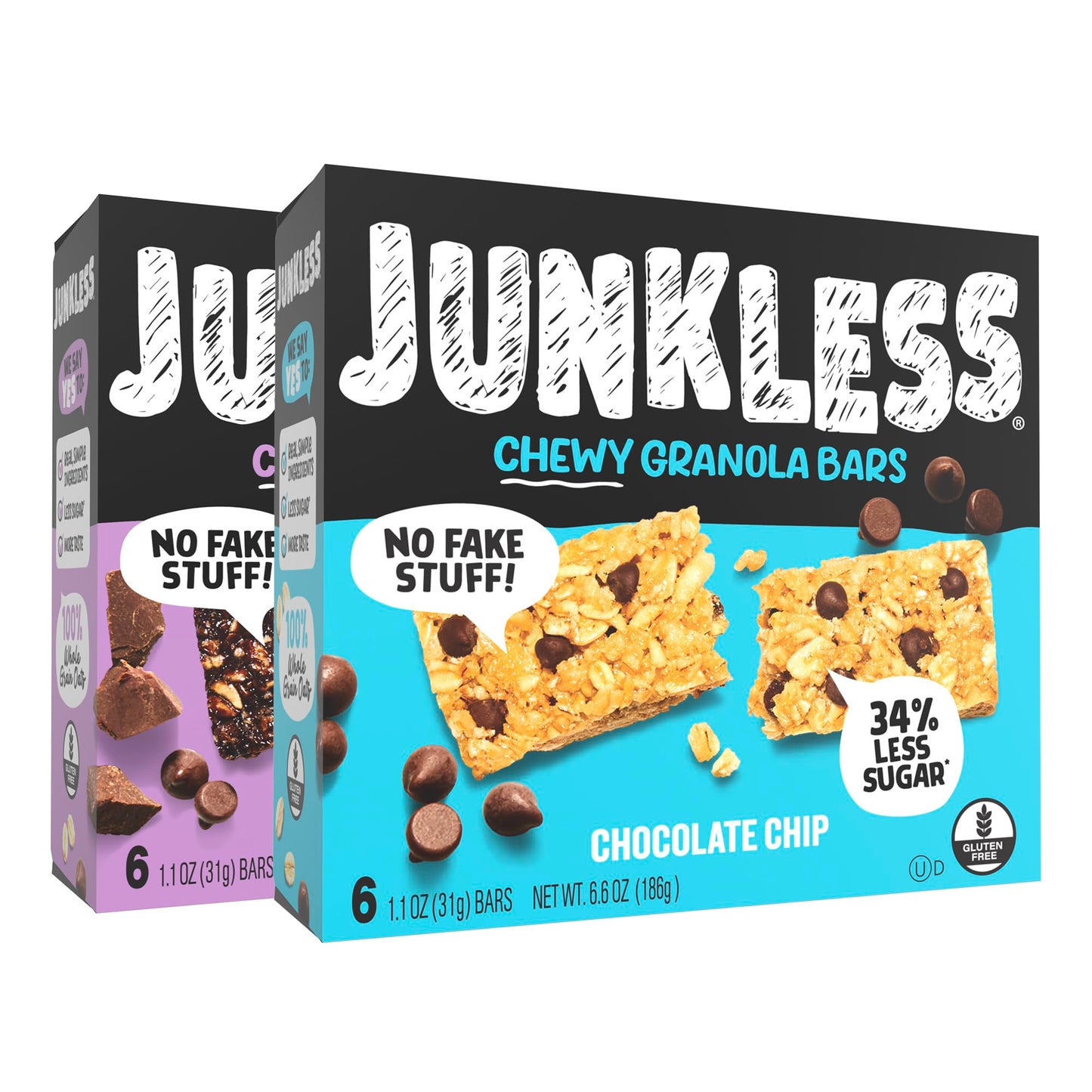 Junkless Chocolate Chip & Double Chocolate Chewy Granola Bars Twin Pack - Less Sugar Great Tasting Wholesome Snacks - 1.1 oz. Bars