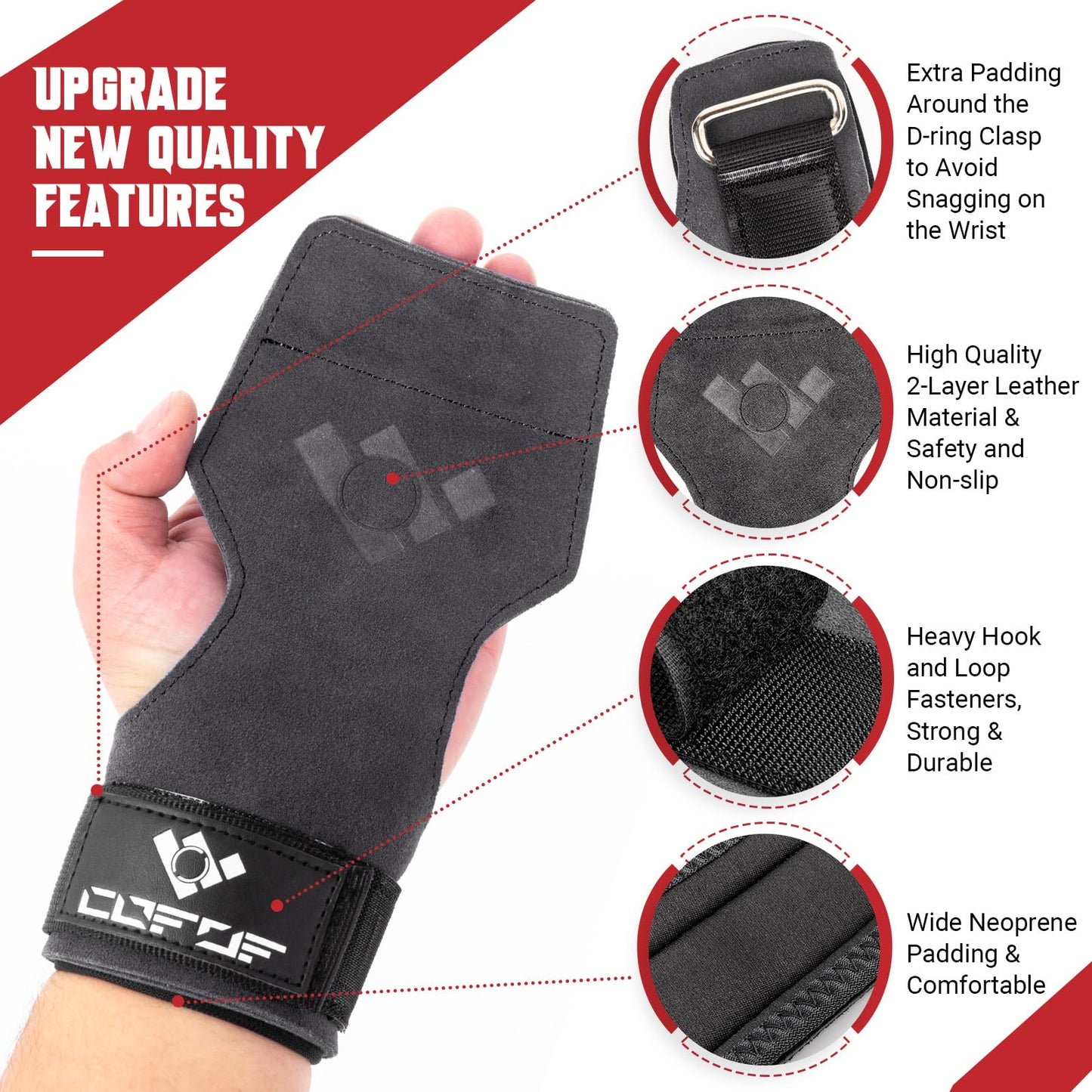 COFOF Weight Lifting Wrist Strap,Double Layer Leather Weightlifting Wrist Strap for Deadlift and Powerlifting, Adjustable Neoprene Padded Gym Workout Lifting Wrist Hooks for Men/Women(Pair)