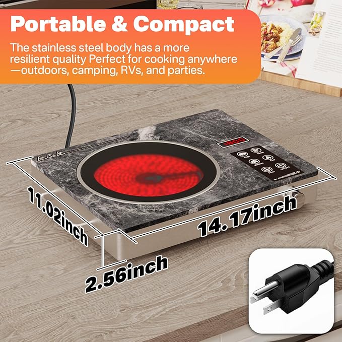 1800W Single Burner Electric Stove Top, Portable Infrared Electric Cooktop with Marble Glass, 110V Ceramic Hot Plate, Countertop Burner with Timer & Knob Control, 18 Levels Power Settings