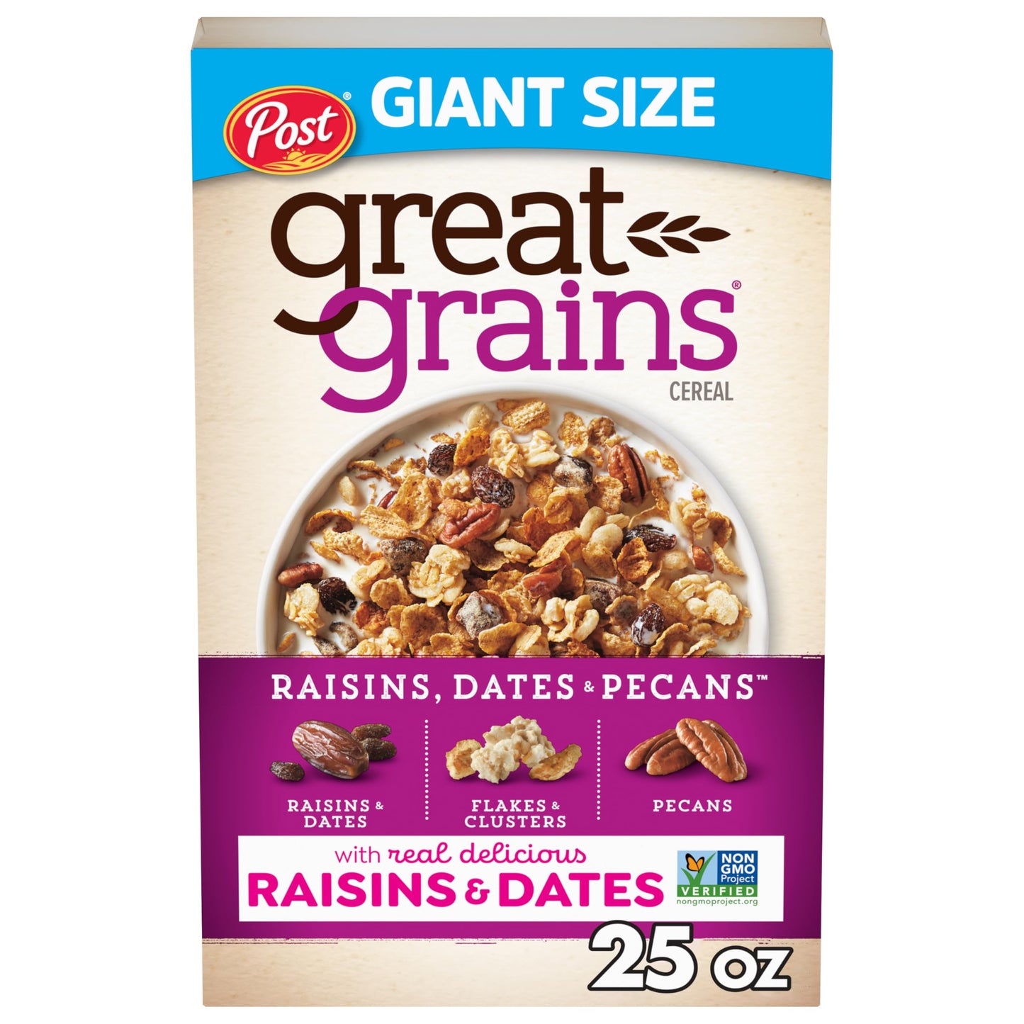 Great Grains Raisins Dates & Pecans Breakfast Cereal Crunchy Clusters with Sweet Fruit and Whole Grains Non-GMO 25 oz Box