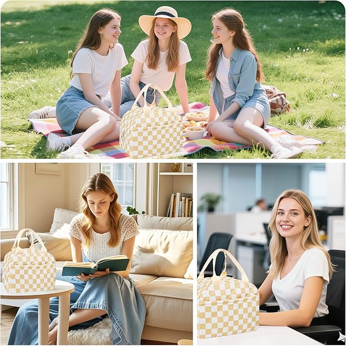 Cotton Quilted Insulated Lunch Bag, Cute Quilted Floral Lunch Tote Bags Reusable Insulated Lunch Box Coquette Aesthetic Large Capacity Insulated Cooler for Women Work Travel Picnic (Checkered Brown)
