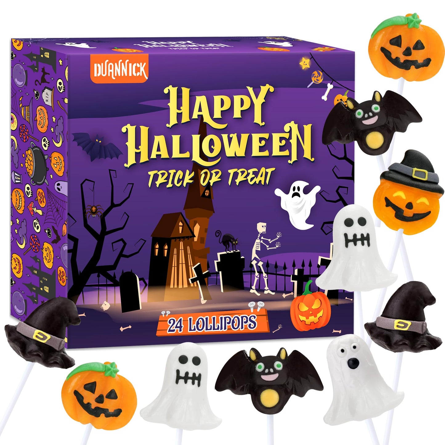 Halloween Lollipops Bulk 24 Party Packs Fruity Halloween Candy Individually Wrapped for Trick or Treating Ghost Bat Pumpkin Sucker Lollipops for Party Favors Festive Events & Goody Bag Fillers