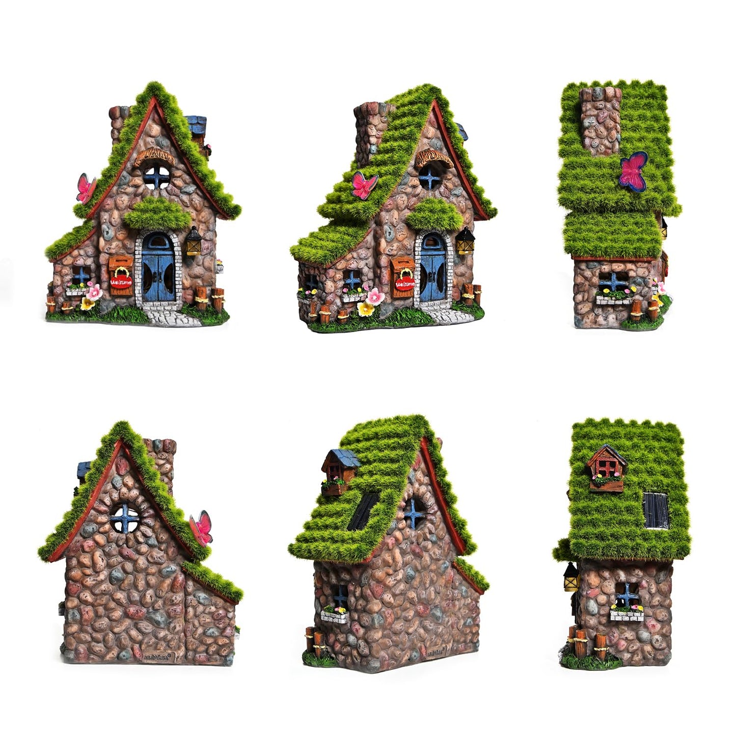 ASAWASA Resin Fairy House Statues with Solar Lights, Double House Garden Sculptures